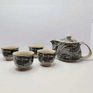 Vtg China Xiang Long Art Ceramics Tea Pot & 4 Demitasse/Gongfu Tasting Cups Set